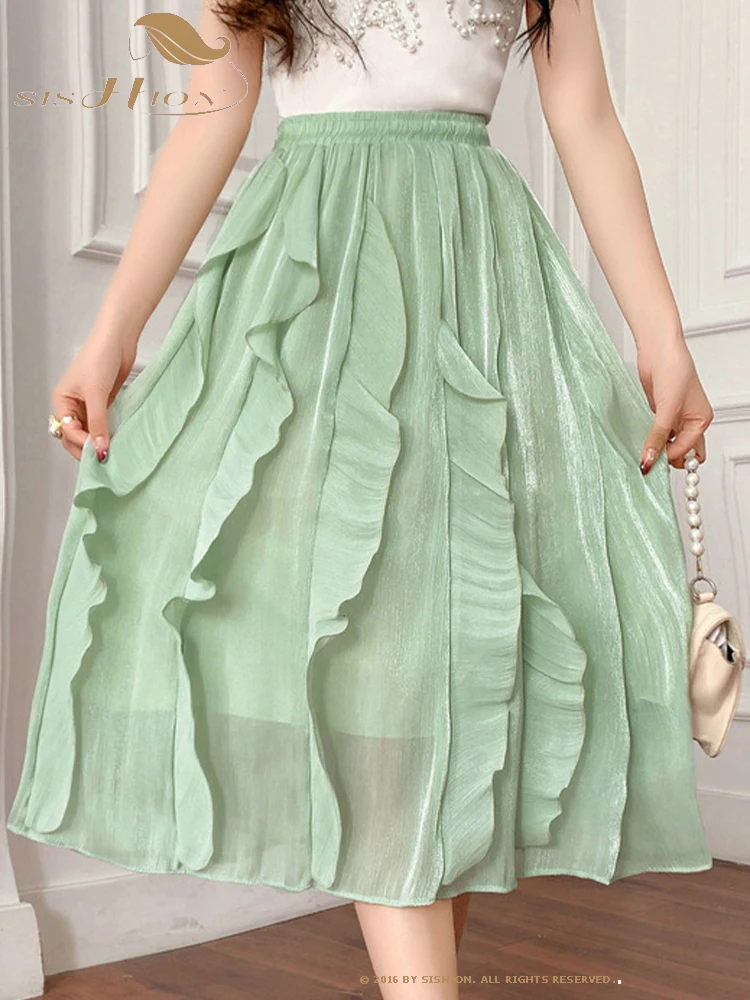 

SISHION Casual Fashion Summer Skirts for Women VD4020 Black Pink Gree White Solid Color Irregular Ruffles Midi Skirt