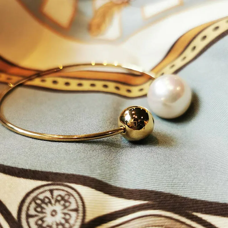 Pearl double ball sphere open cuff bangles stainless steel bangles for women simple elegant dainty jewelry stainless steel jewel 3