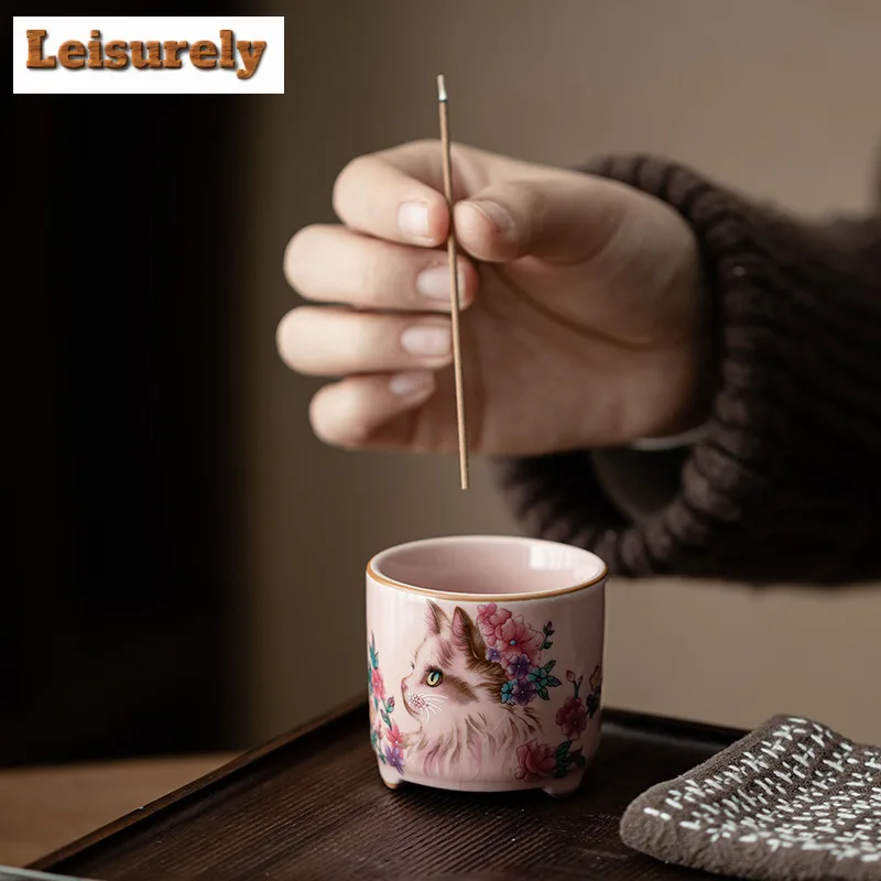 Pink Ru Kiln Flower Cat Three Legged Incense Holder Luxury Censer Scented Aromatic Candles Tea Items Equipment Ornaments Craft