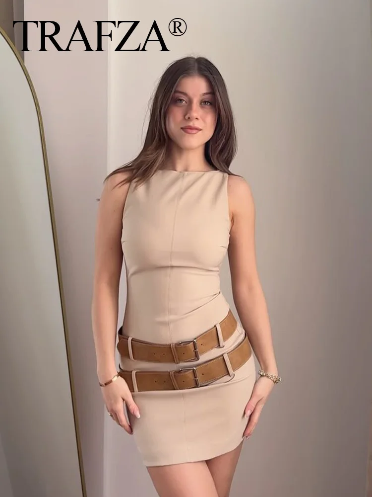 

TRAFZA Women High Street Vestidos Female New Mini Dress With Double Belt Decoration Sexy Slim O Neck Sleeveless Short Dresses