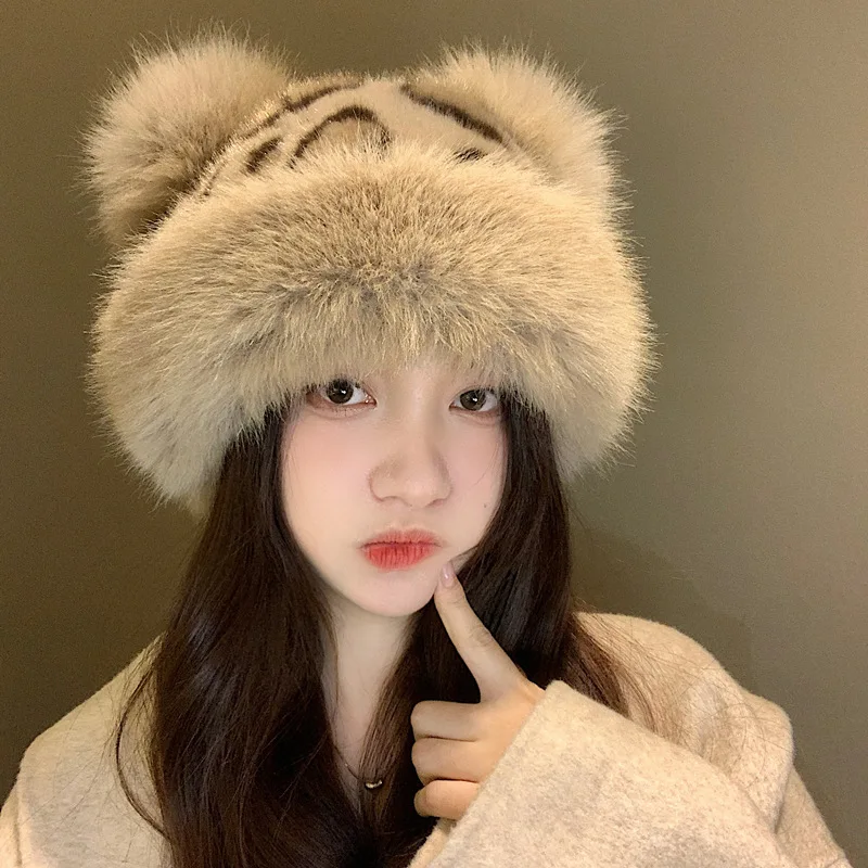 Retro Leopard Plush Ears Bucket Hat Thicken Plush Warm Fur Hat For Women Cold Snowy Day Panama Cap Plush Windproof Fisherman Hat