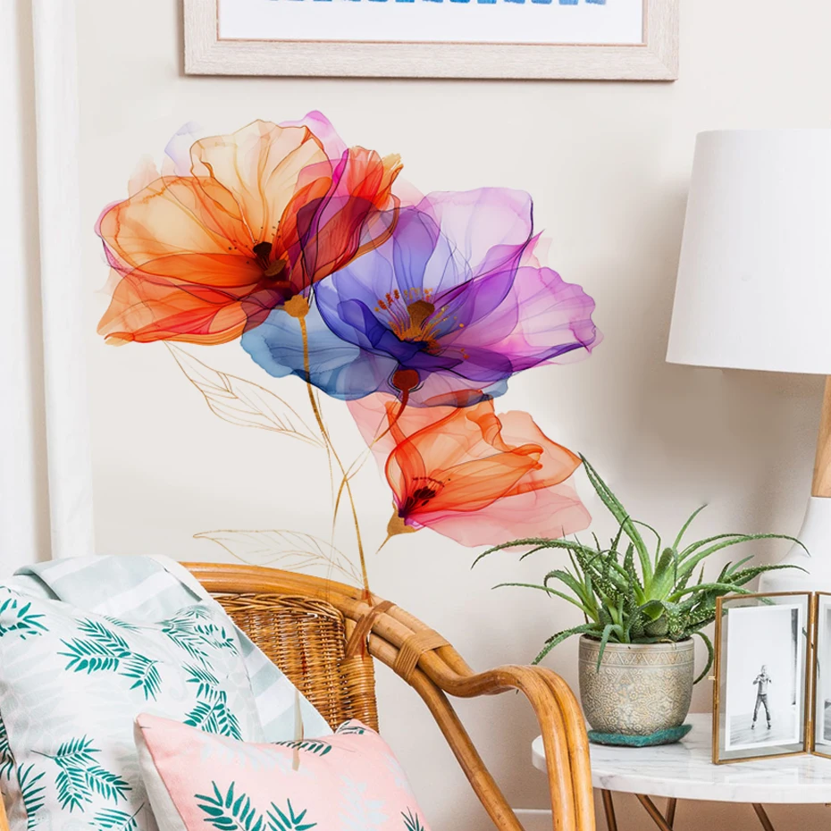 Watercolor Flowers Leaves Wall Sticker Living Room Background Decoration Mural Removable Window Bedroom Home Decor Decals wall stickers wall sticker home decoration accessories