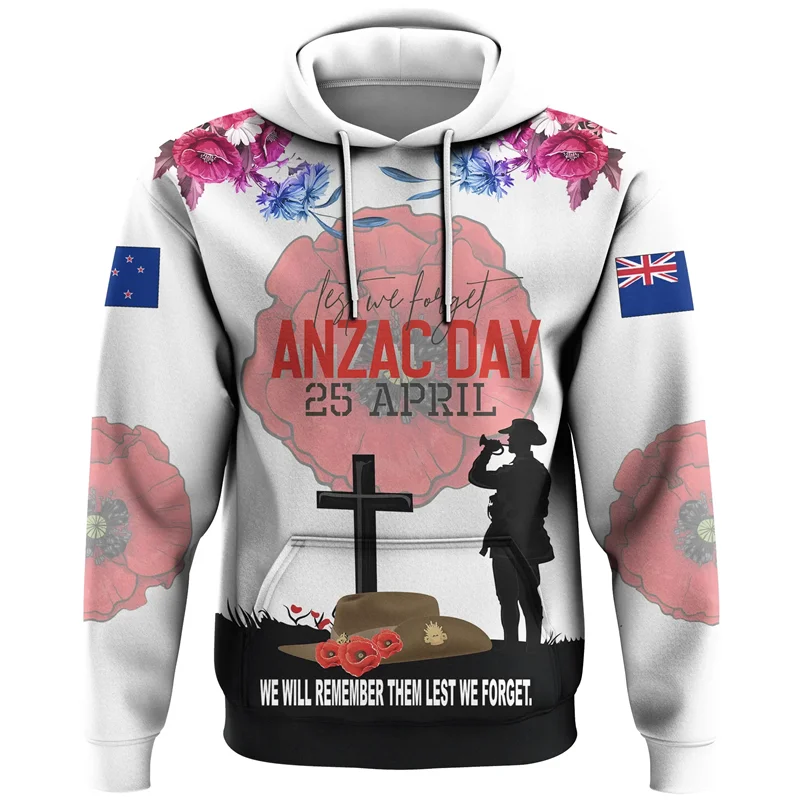 thumbnail image 1 of Sudadera con capucha con estampado 3D del Día de Anzac para hombre, ropa para que no olvidemos a Australia y Nueva Zelanda, sudaderas con héroes, suéteres con flores Remember, 1 of 5