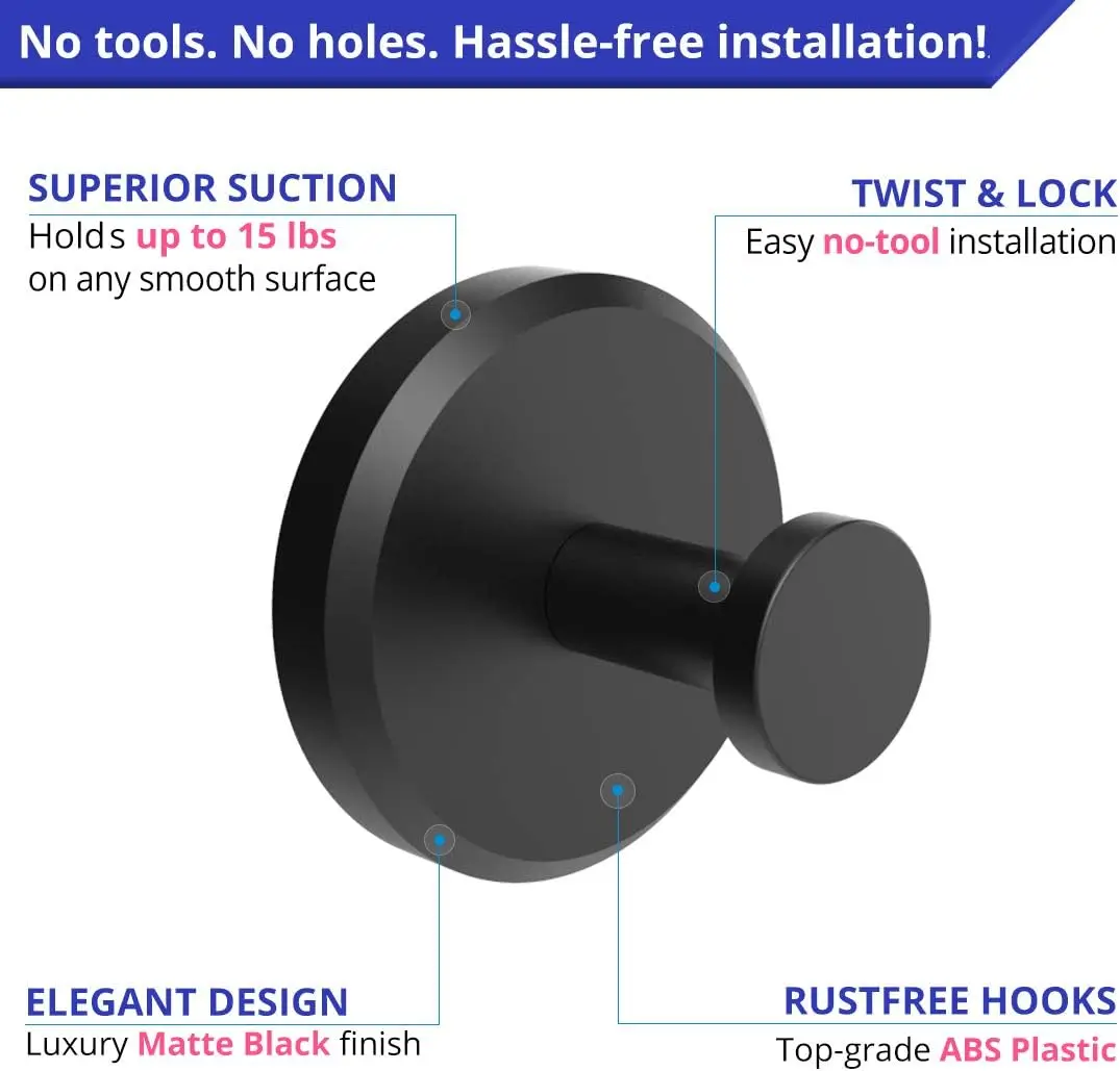 Suction Cup Hooks for Shower, Bathroom, Kitchen, Glass Door, Mirror, Tile &ndash; Loofah, Towel, Coat, Bath Robe Hook Holder