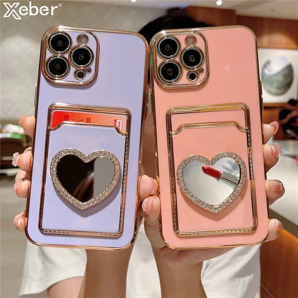 Phone Case iPhone Case Glitter Rhinestone Love Heart Mirror Plating Wallet Card Case For iPhone 16 15 14 13 11 12 Pro Max XS X 7 8 Plus Soft Slot Cover