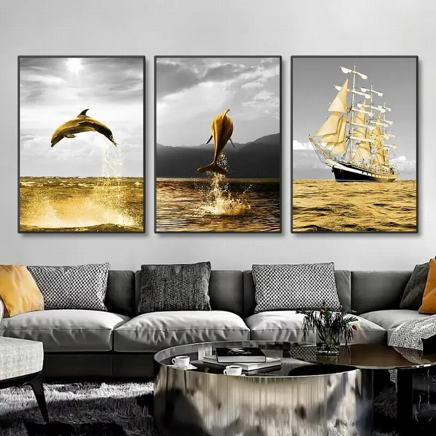 

FULLCANG Golden Boat Jumping Dolphin Mosaic Art Diamond Painting Triptych Full Rhinestone Embroidery Animals Handmade Art FG2124