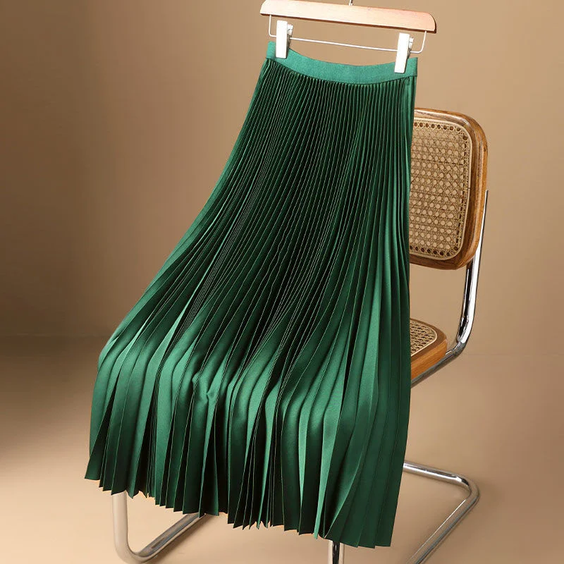 

Silk Midi Skirt Women High Waisted Summer Long Skirt New 2022 Elegant Chic Solid Pleated Skirts
