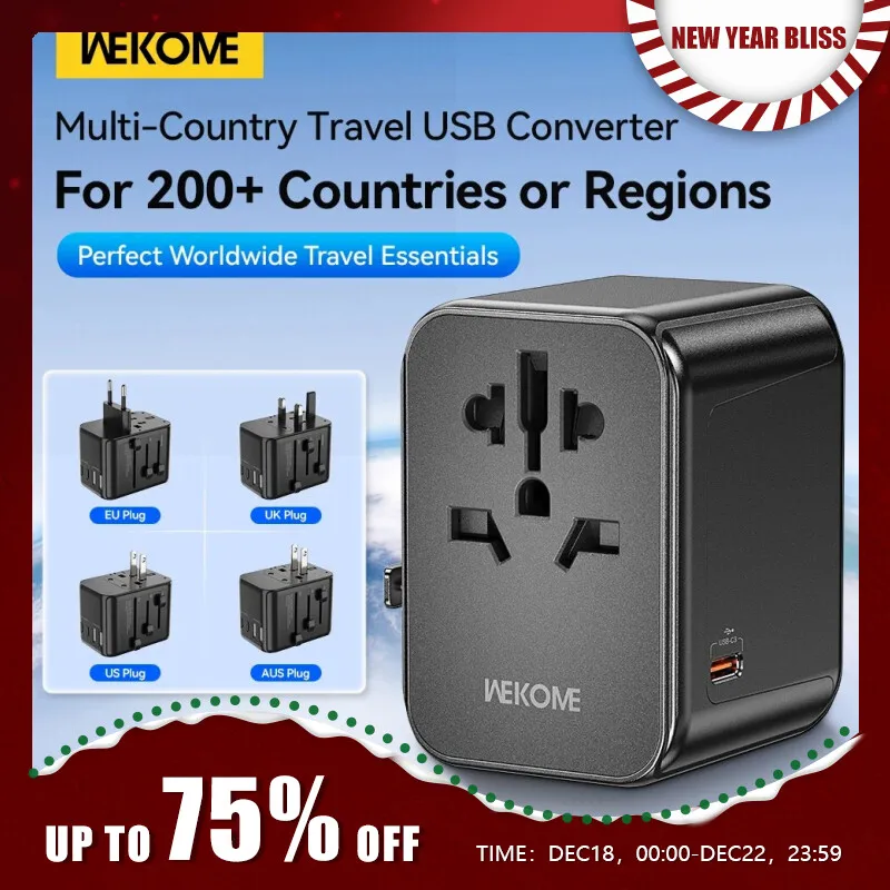 WEKOME 범용 여행용 어댑터, USB 2 개 및 C타입 포트 3 개, 여행용 컨버터 어댑터 콤보, 224 국가, 영국, 미국, EU 플러그