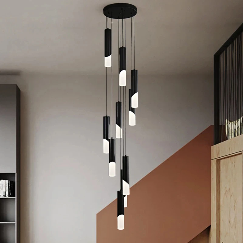 

Новая Люстра для лестницы, Современная искусственная лампа, дуплексная чердачная лампа для гостиной, интерьерное украшение, черная люстра с веревкой, подвесной светильник для коридора