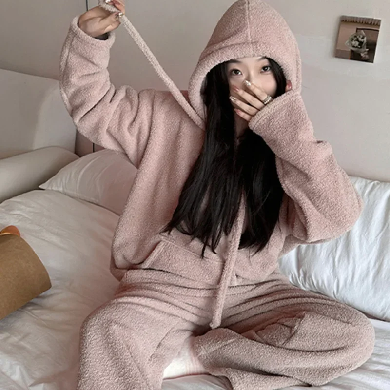 

Winter New Loungewear Thicken Home Clothes Warm Flannel Pajamas Suit 2Pcs Sleepwear with Pockets Female Long Sleeve Top&pants