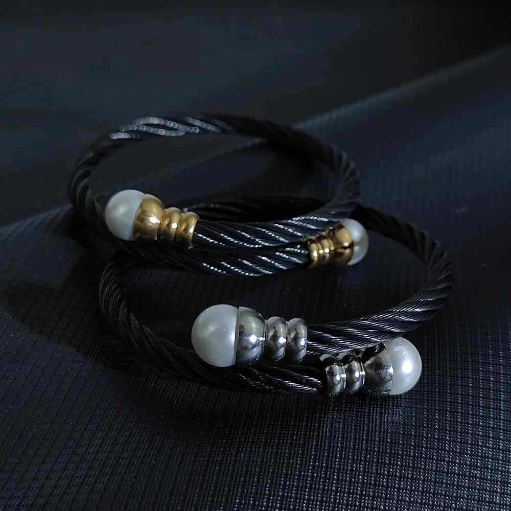 New Braided Bracelets Women Men Fashion Punk Pearl Open Cuff Bracelet Bangles Stainless Steel Wrist Metal Jewelry Accessories 3