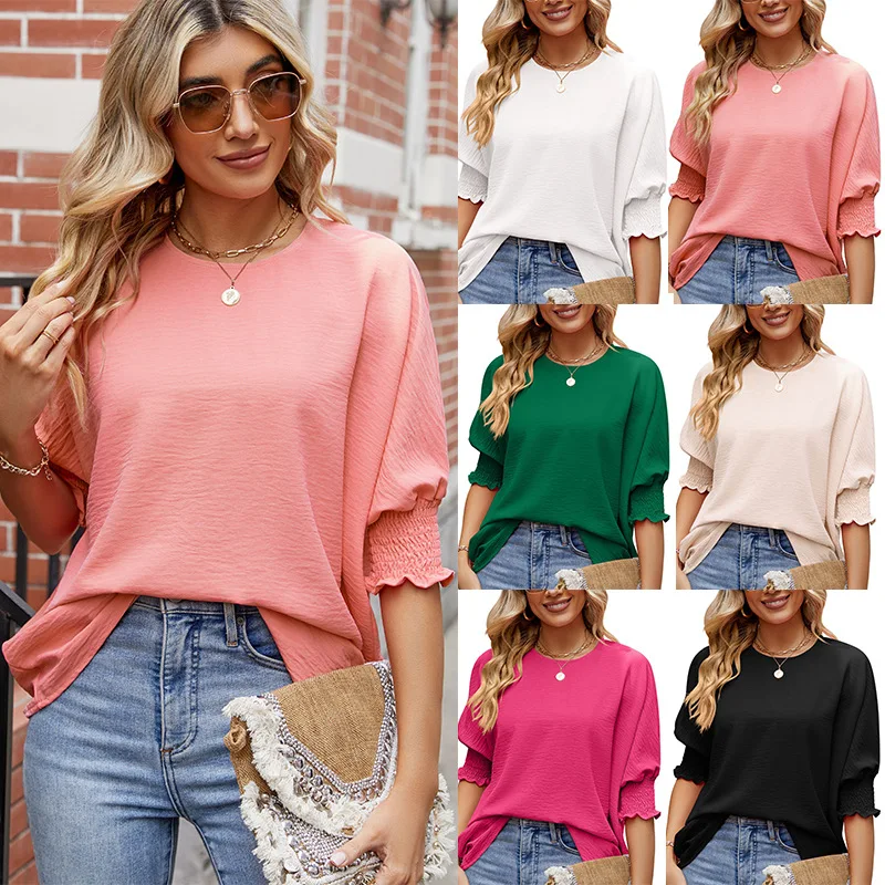 

New for summer 2023 women's loose large crewneck solid color bag top