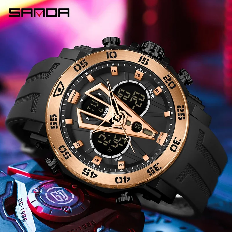 SANDA 6105 Men's Electric Watch Multi-Function Fashion Trend Outdoor Luminous Alarm Clock Waterproof Shockproof Wristwatch 2023