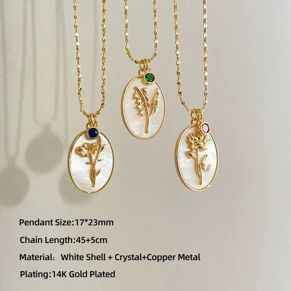 Fashion 12 Month Birthday Flower Pendant Necklace Geometric Stainless Steel White Shell Birthstone Choker Birthday Gift Jewelry