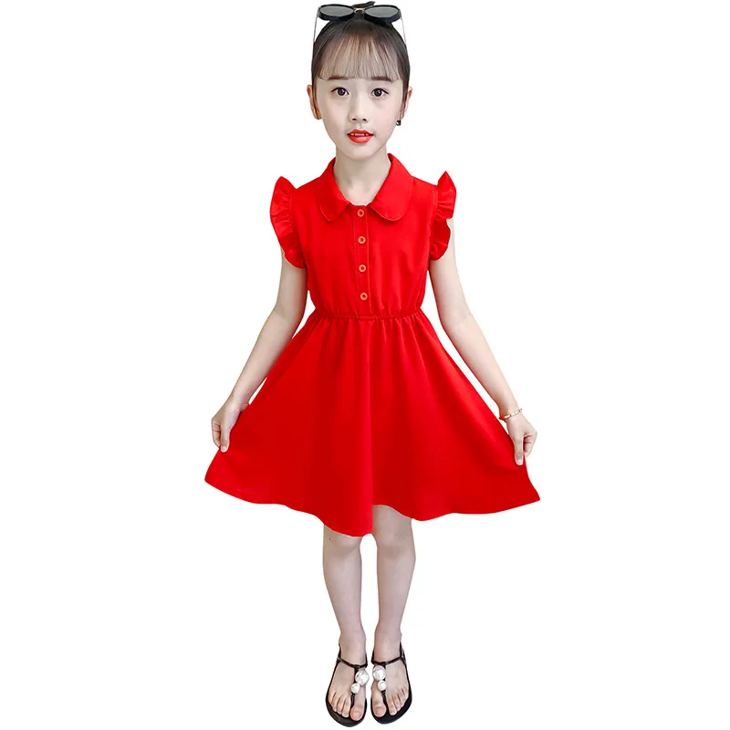 

Girls Chiffon Dress Summer New Fashionable Children's clothing Solid Polo Collar Collar with Ear Edges Big Girl Princess Dresses