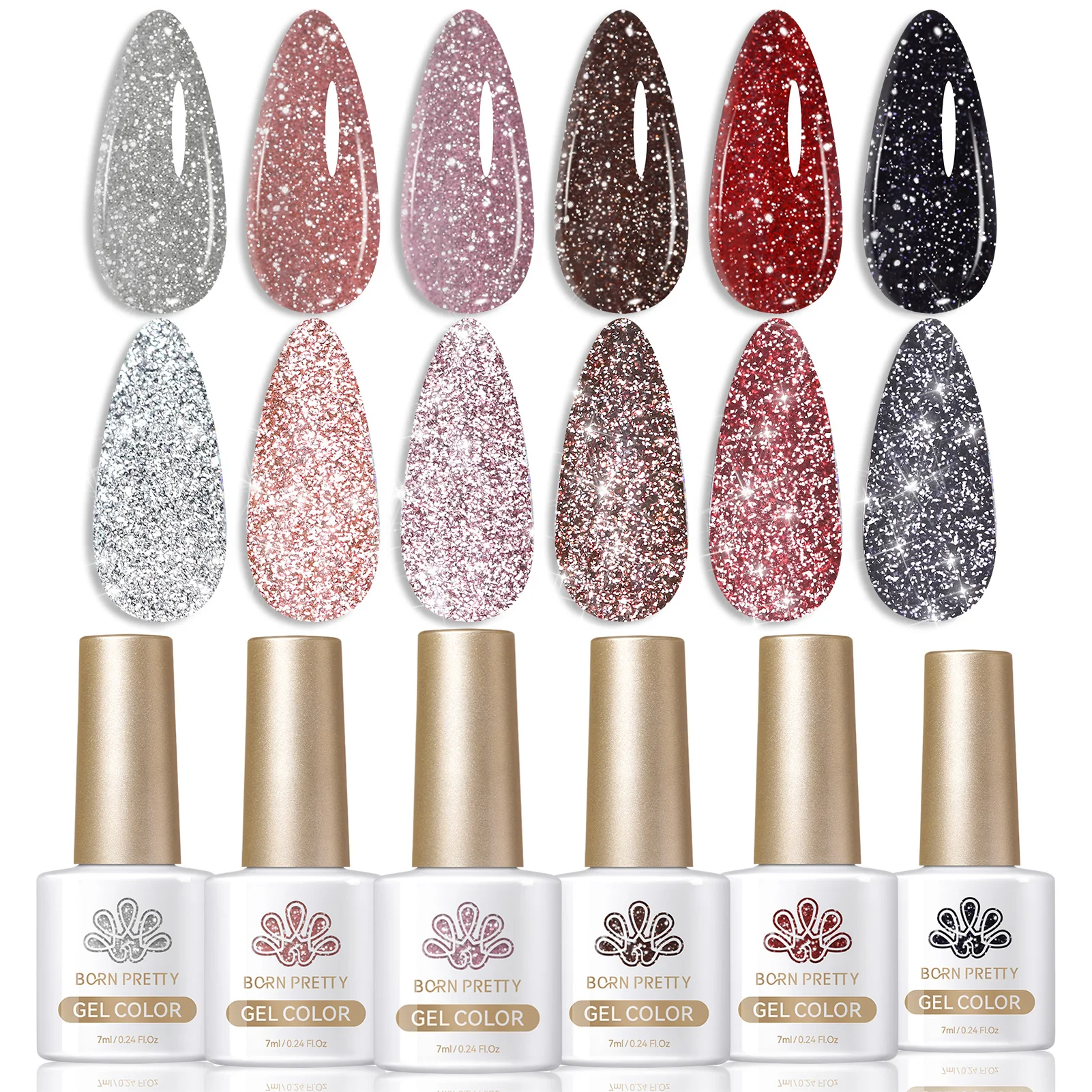 BORN PRETTY 6pcs Reflective Glitter Gel Nail Polish Set Pink Red Reflective Super Shine Glitter Gel Semi Permanent UV LED Varnis 2