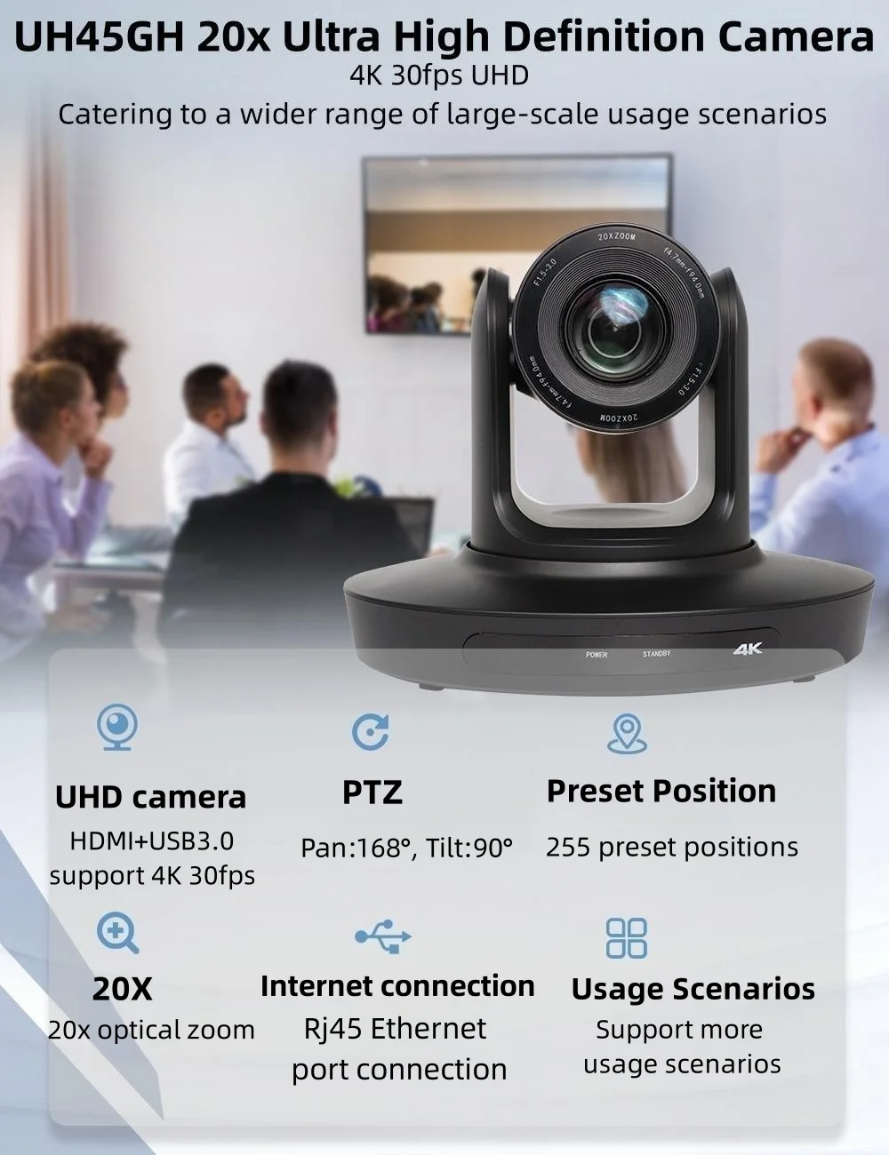 USB 3.0 화상 회의 카메라 4K UHD 8MP Ptz 카메라 30FPS 20X 줌 Ptz Confer HDM1 IP 라이브 스트리밍
