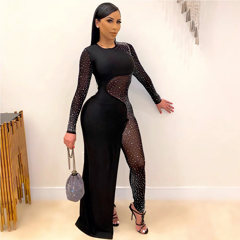 Clothing Winter Hot Rhinestones Mesh See Though Dress Style Jumpsuit for Women Sexy Club Partywear One Piece Overall Rompers