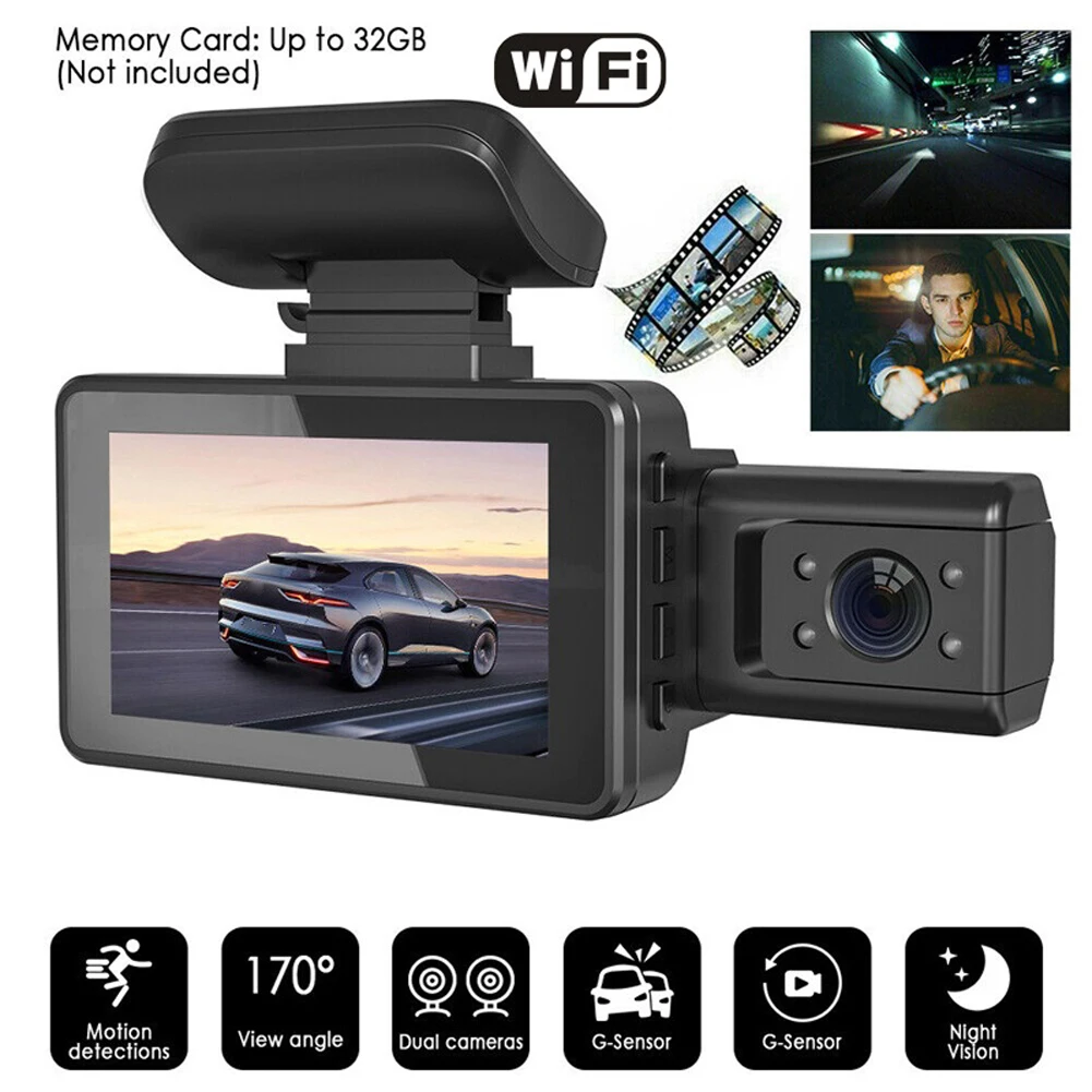 Caméra de tableau de bord DVR 1296P, double caméra, Dashcam de voiture,  écran IPS de 3 pouces, enregistreur de conduite avec Vision nocturne, grand  Angle 170 °, capteur G