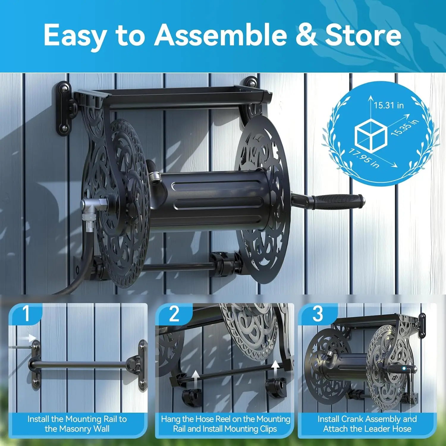 Reel, Hose Holder with Aluminum Frame, Never-Leak System, Easy Assembly, Hose Reel Wall Mount Holds 135 ft x 5/8 in Hose