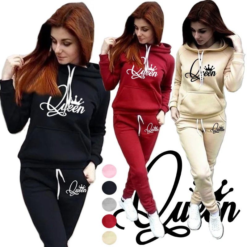 Damenmode, klassisches Queen-Print-Set + Jogginghose, 2-teiliges Set mit Kapuzenpullover_voghion.com