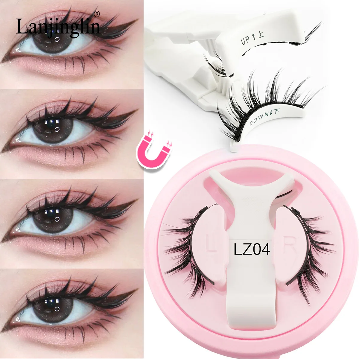 Lanjinglin 5 Styles Reusable False Eyelashes 1 Pair Magnetic Eyelashes Handmade 3D Natural and Magnetic Tweezers Set