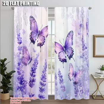 2 pezzi, tende con stampa stampa 2D Lavanda Dreamy Purple Butterfly Poliestere (senza asta) Utilizzo di spazio per il soggiorno, 1