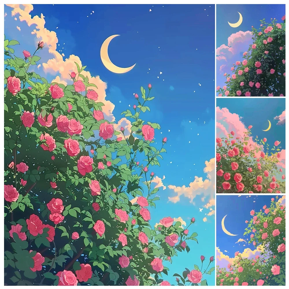 

Hand Painting Rose Flowers Under The Moon Landscape Painting By Numbers Kit DIY Artwork Canva Art Home Decoration Gift