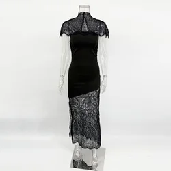 Elegant Lace Print See - Through Maxi Dress for Women - Turtleneck Patchwork Bandeau Party Dress (Black)