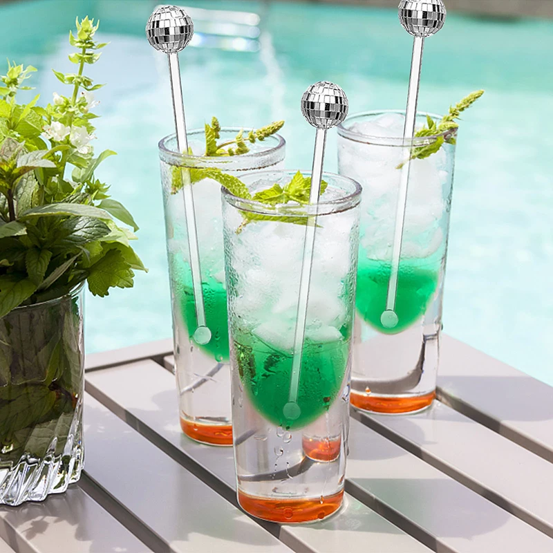 12pcs Mirror Discos Ball Stirrers Plastic Round Top Swizzle Sticks For Mixing Cocktails Whiskey Beverage Stir Sticks