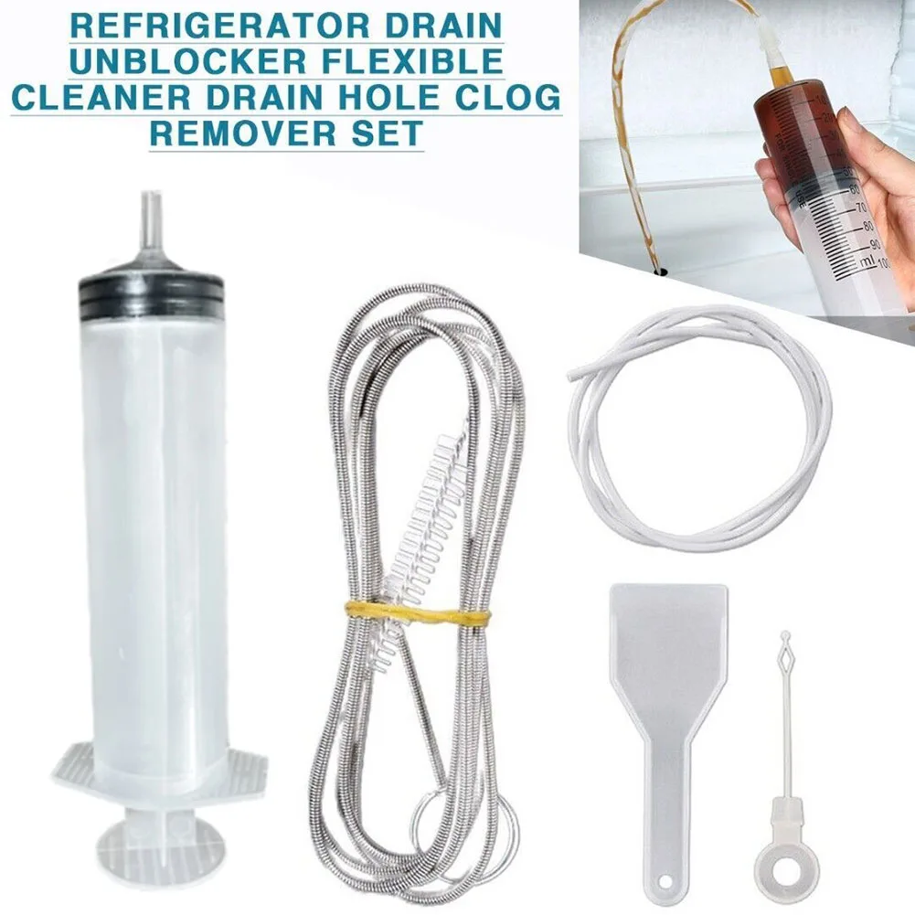 5pcs Fridge Dredging Kit Flexible Refrigerator Scrub Brush Reusable Clean Drain Outlet Dredging Tool Cleaning Syringe Shovel
