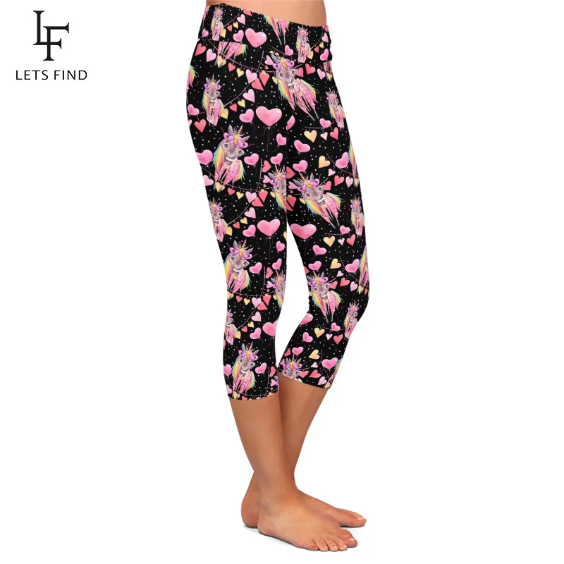 LETSFIND 220gsm Double Side Brushed Milk Silk Print Women Capri Leggings Unicorns and Balloon Print High Waist  Legging