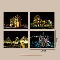 Scratch Art Postcards Set - World Landmarks Night Scene with Stylus - DIY Travel - Themed Crafts and Gifts (Building)