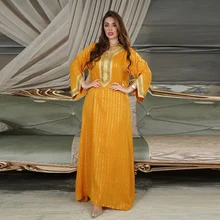

Women Embroidered Moroccan Caftan Evening Dresses Diamonds Bronzing Dubai 2022 Arabic Long Jalabiya Muslim Islamic Turkish Abaya