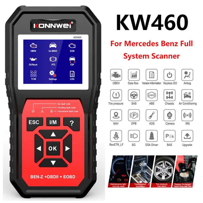 KONNWEI KW460 Strumento Diagnostico Auto OBD2 per Tutti i Sistemi, Lettore Codici con Reset ABS, Airbag, Olio, EPB, DPF, SRS, TPMS, Scanner ODB2