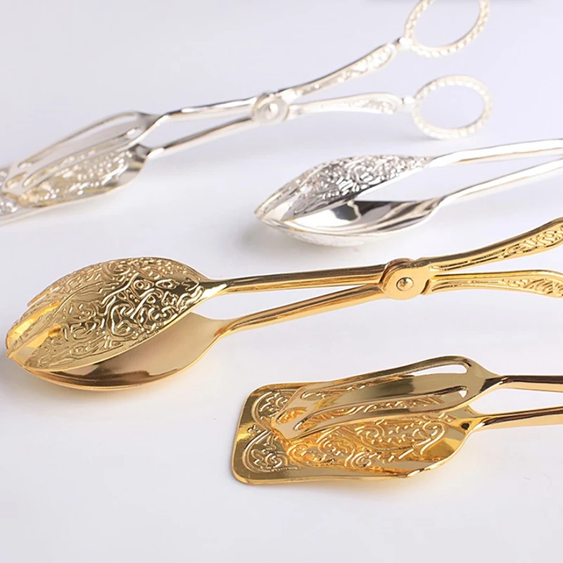 Snack Cake Clip Salad Pastry Clamp Buffet Food Tong Gold-plated Baking Barbecue Tool Vintage style Fruit Salad Cake Clip