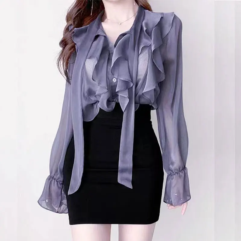 우아한 여름 플레어 슬리브 시폰 블라우스 탑 여성용 프릴 엣지 Chicniche 마이크로 투명 튤 셔츠 