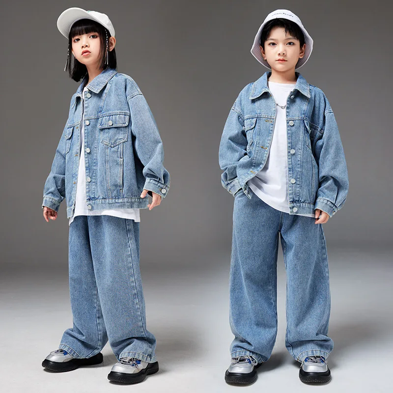 Children Denim Jacket Pants Hip Hop Suit for Girls Boys Kpop Outfit Jazz Performance Clothes Teen Ballroom Hip Hop Dance Costume