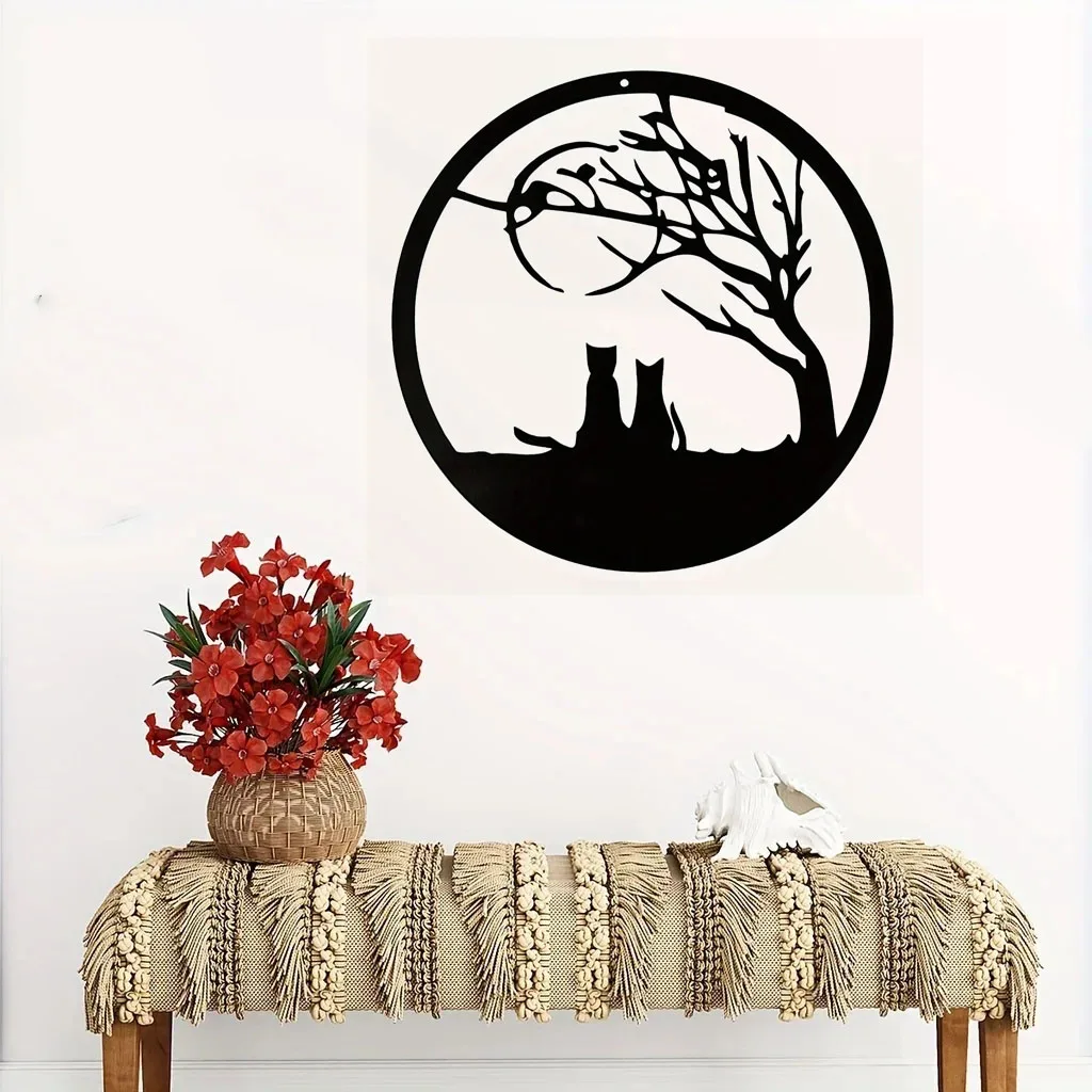

Crafts Metal Openwork Cat And Tree Statue Hanging Art Decor, Village Animal Landscape Hanging Ornament Garden Courtyard Wall Art