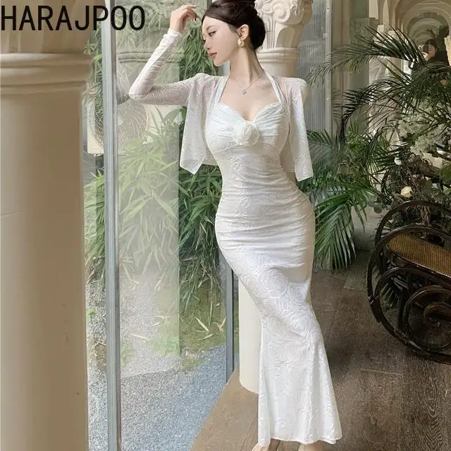 

Женское жаккардовое платье Harajpoo, пикантное платье с завязкой на талии и темным рисунком розы, облегающее бедра и платье «рыбий хвост» + Кардиган с длинным рукавом, комплект из двух предметов