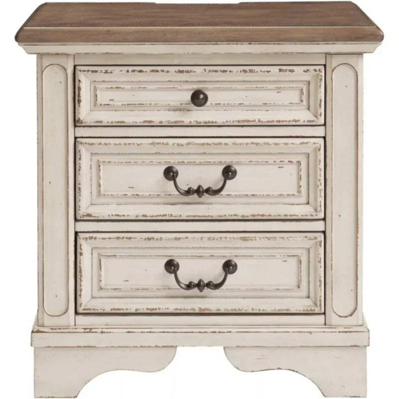 QWSignature Design by Ashley Realyn French Country 3 Drawer Nightstand with Electrical Outlets & USB Ports,Chipped White