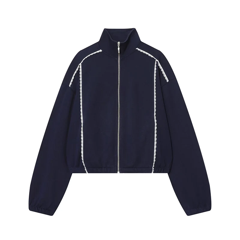 Solid Color Lace Jacket Long Pants 2 Pieces Sets Women Loose Zipper Jackets Loose High Waist Trousers Casual Woman Outfits