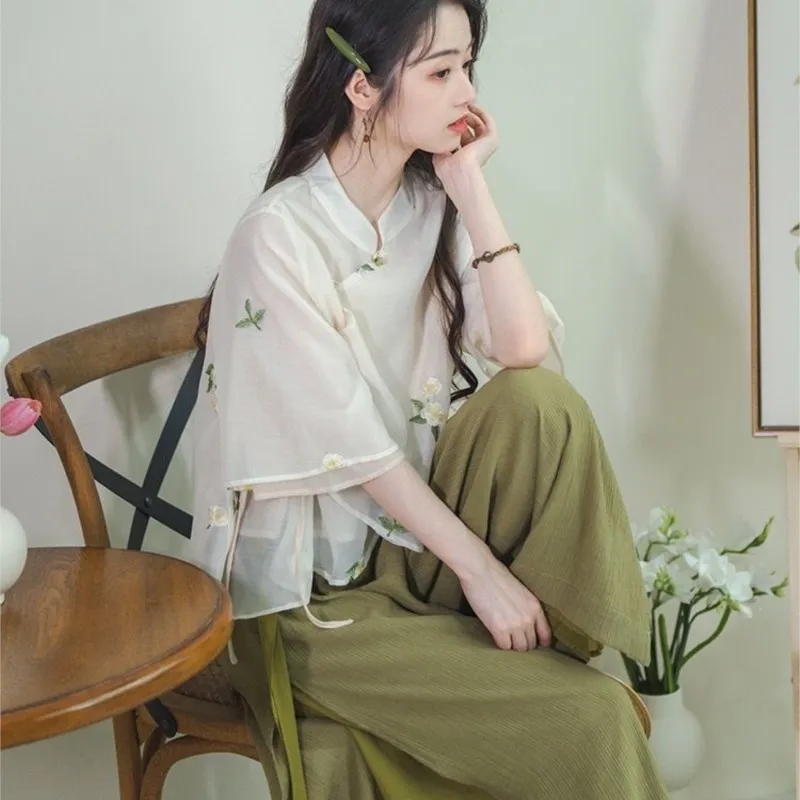 Summer Pregnant Women's New Chinese style Improved Set Top and Pants 2-piece Set Maternity Fairy Creative Breathable LH024