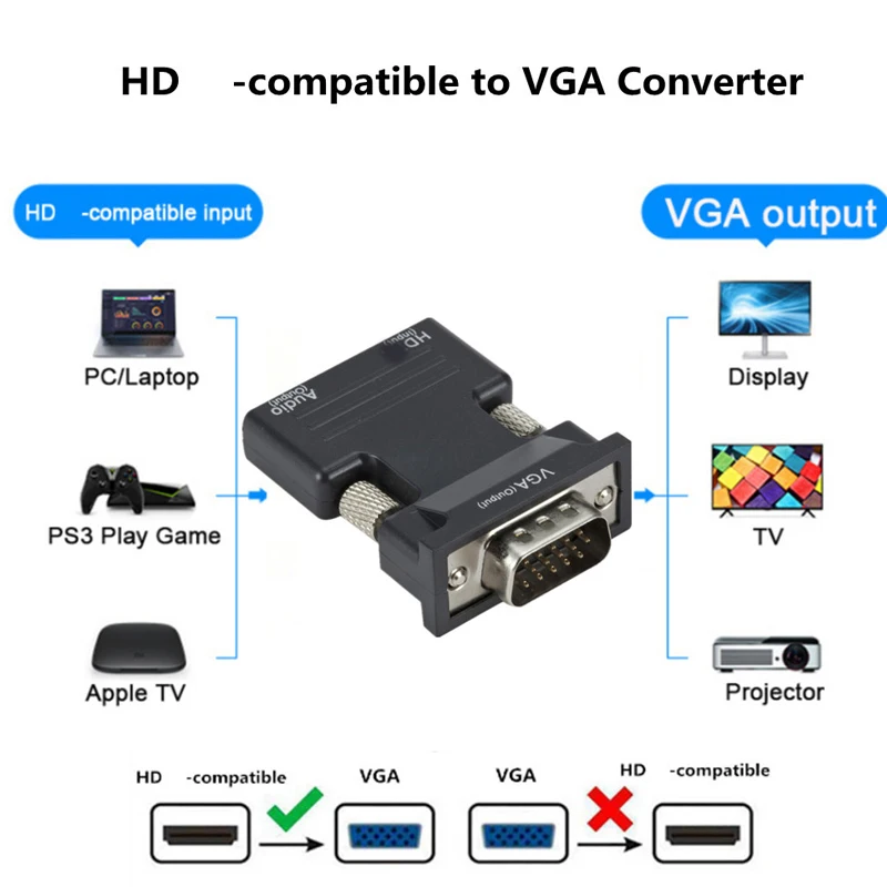 HDMI-compatible to VGA Adapter with 3.5mm Audio Cable For PC Laptop TV Box Projector Full HD 1080P HDMI to VGA Converter Adapter