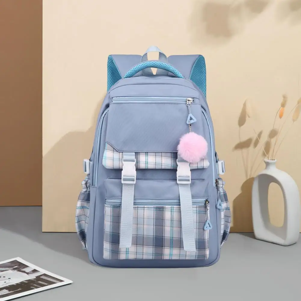 15-inch Laptop Backpack Plaid Print Student Backpack with Plush Ball Pendant Capacity Multi Compartment for Pupils for Outdoor 5