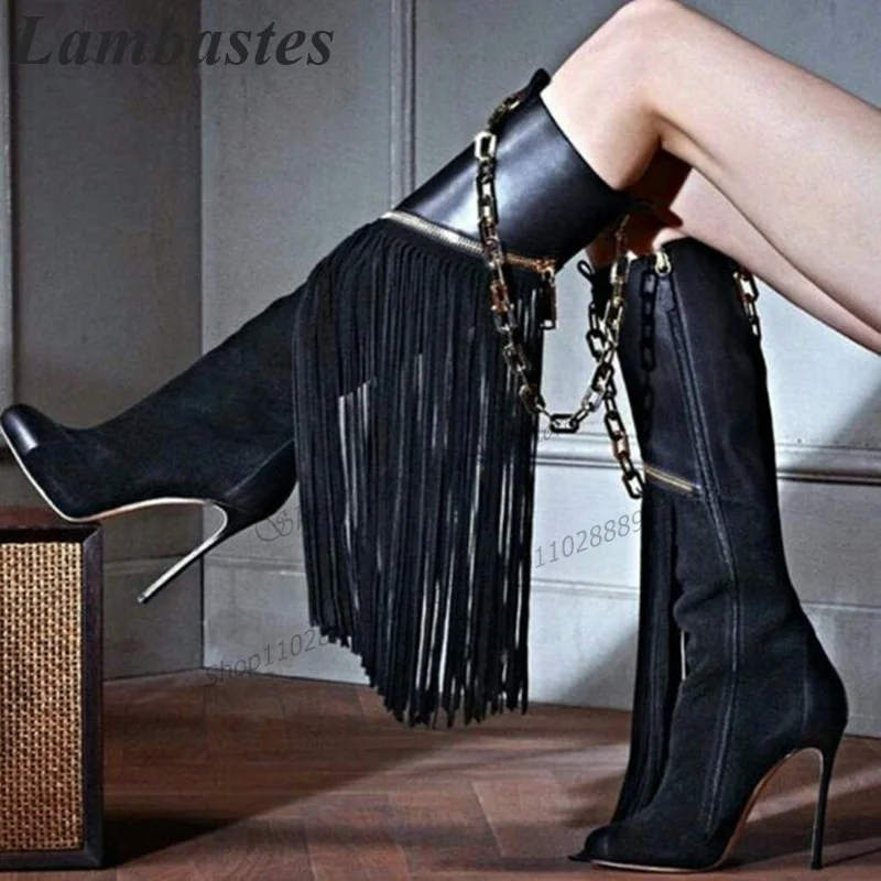 

Black Suede Leather Fringe Chain Decor Boots Knee High Thin High Heel Women Shoes Side Zipper Round Toe 2023 Zapatillas Mujer
