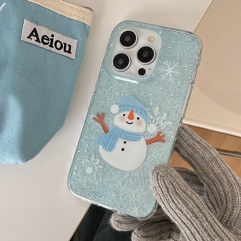 Cute Bling Glitter Snowman Clear TPU Case For iPhone 13 14 15 16 Pro Max Soft Silicone Phone Back Cover