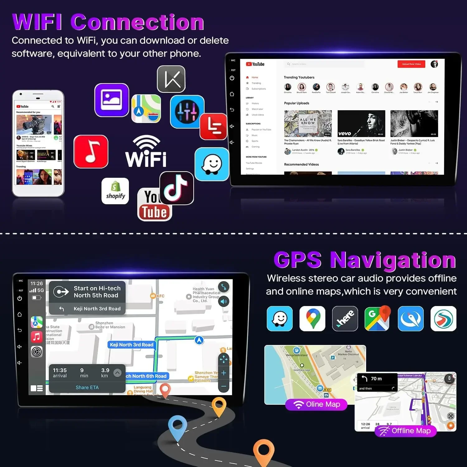 Carplay GPS Multimedia Stereo Wifi 10In 2din Touch Screen