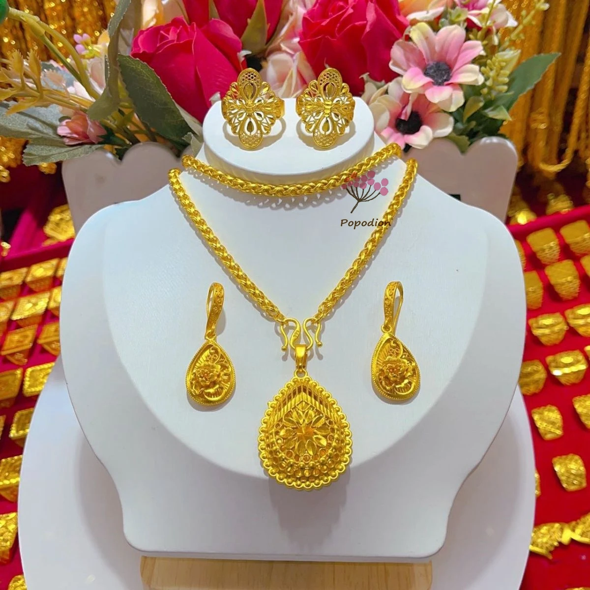 

2024 Popodion Dubai Middle East New Necklace Earrings for Women's Wedding Party Jewelry Set DD10340