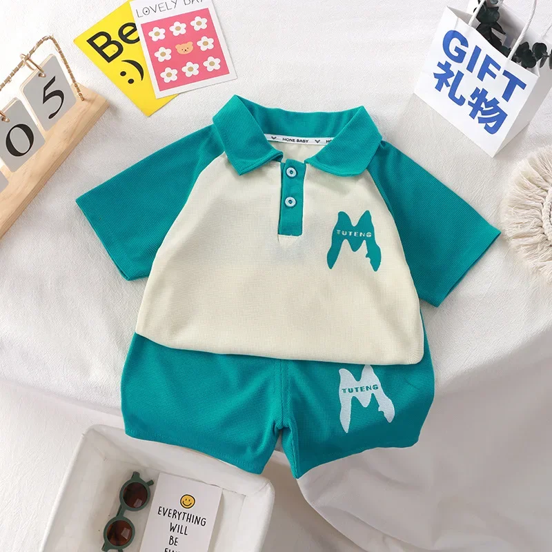 New Summer Kids Sports Clothes Sets Boys Girls Letter Print Short Sleeve Lapel Polo Shirt Top + Shorts Baby Casual Sports Suit